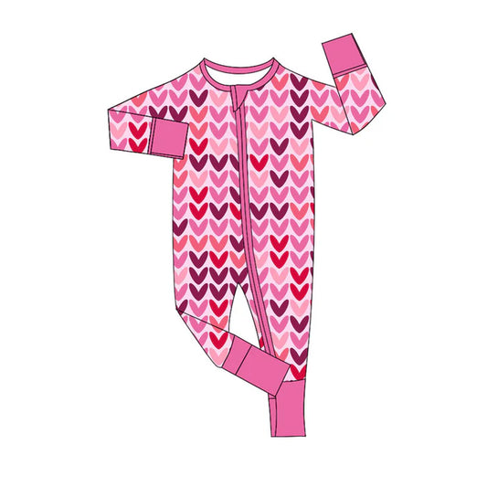 Preorder (moq 8)Baby Girls Pink Hearts Valentine Zipper Footie Rompers 9.11