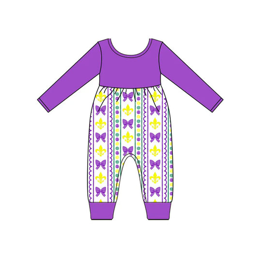 Preorder (moq 8)Baby Girls Long Sleeve Purple Yellow Green Bows Mardigras Footie Rompers 9.11