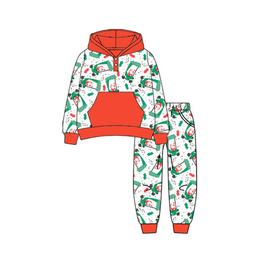 Preorder (moq 5)Baby Boys Long Sleeves Golf Trucks Santa Button Pockets Hoodies Top Legging Pants Fall Set 7.1