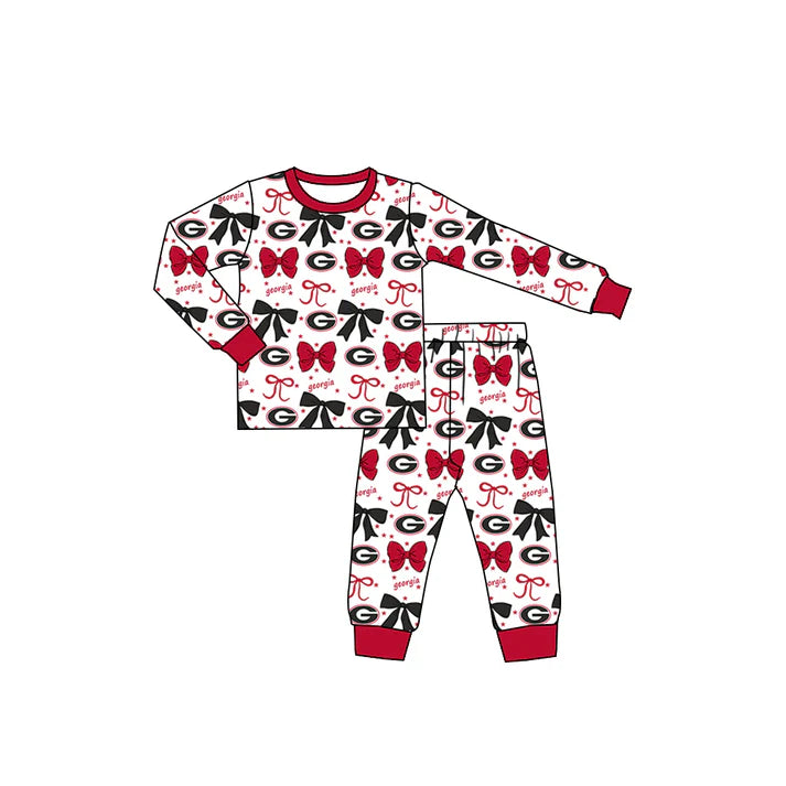 Preorder (moq 5)Baby Girls Red Georgia Team Bows Top Pants Pajamas Sets 8.29