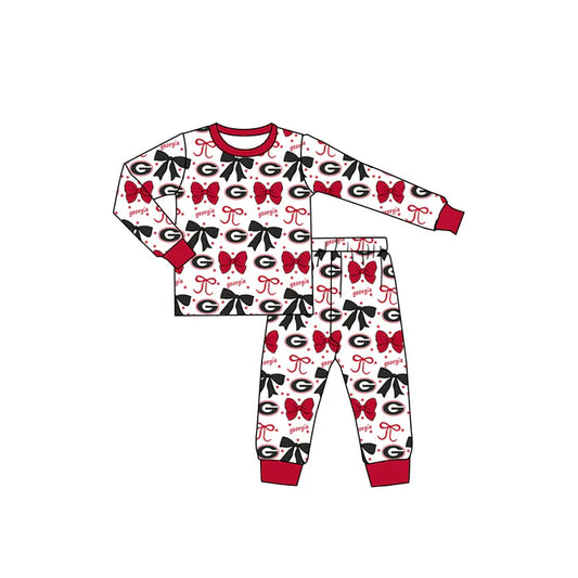 Preorder (moq 5)Baby Girls Red Georgia Team Bows Top Pants Pajamas Sets 8.29