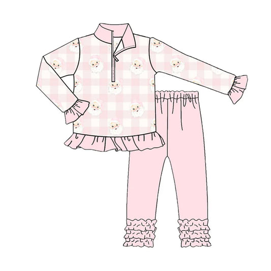 Preorder (moq 8)Baby Girls Pink Checked Santa Zipper Pullover Ruffle Leggings Christmas Clothes Sets 9.23
