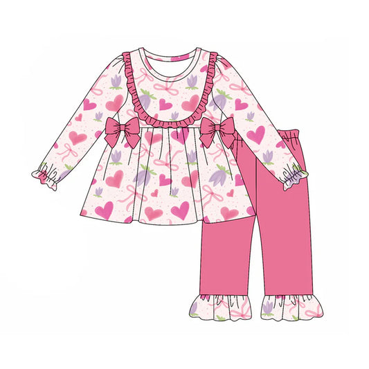 Preorder (moq 5)Baby Girls Long Sleeves Pink Hearts Bows Flowers Tunic Ruffle Pants Set 7.29