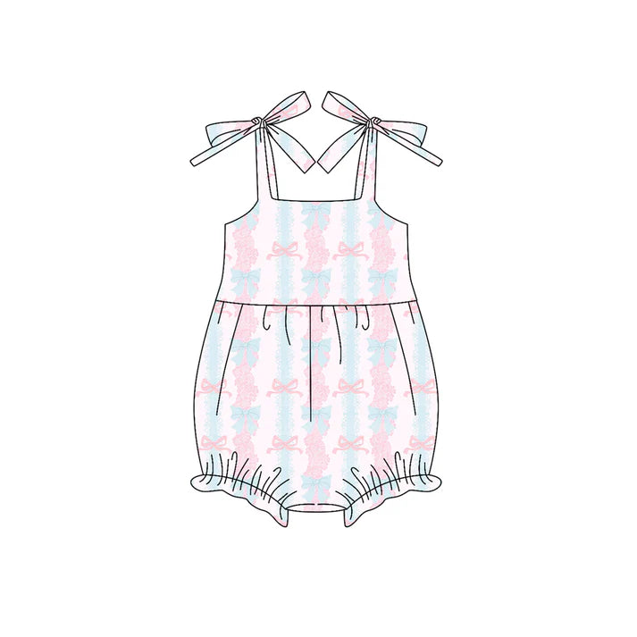 Preorder (moq 5)Baby Girls Bows Strap Pink Bows Floral Stripe Ruffle Rompers 5.30