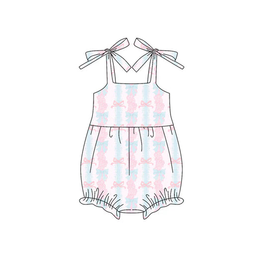 Preorder (moq 5)Baby Girls Bows Strap Pink Bows Floral Stripe Ruffle Rompers 5.30