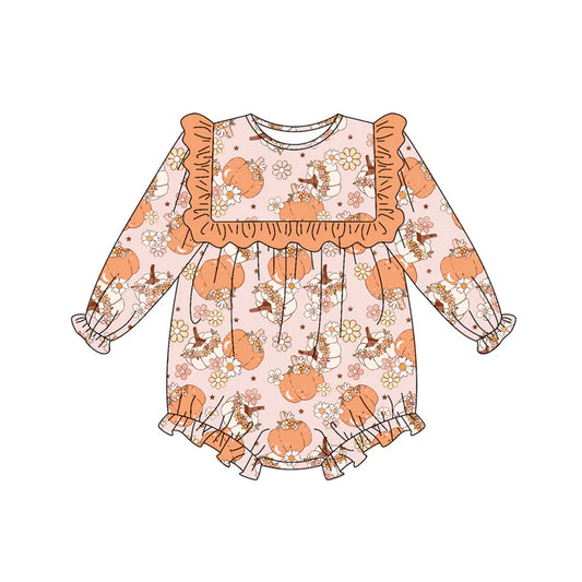 Preorder (moq 5)Baby Girls Pink Long Sleeves Flower Pumpkins Plaid Ruffle Romper 7.4