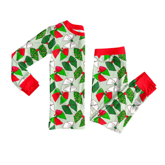 Preorder (moq 5)Baby Girls Long Sleeves Green Bows Plaid Top Pants Pajamas Set 7.28