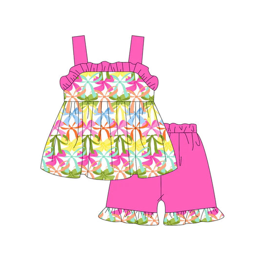 Preorder (moq 5)Baby Girls Pink Strap Colorful Bows Tunic Ruffle Short Set 4.26