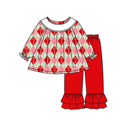 Preorder (moq 5)Baby Girls Long Sleeves Red Plaid Candy Cane Tunic Ruffle Pant Set 6.18