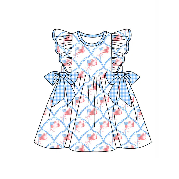 Preorder moq 5 Baby Girls Flutter Sleeves Flags Plaid 4th Of July Knee Length Dresses 4.22