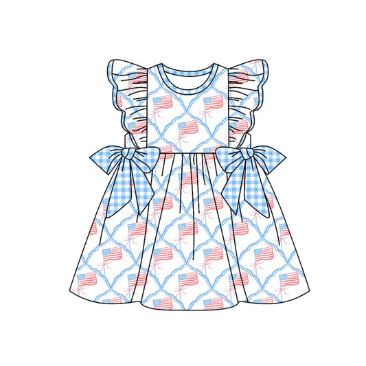 Preorder moq 5 Baby Girls Flutter Sleeves Flags Plaid 4th Of July Knee Length Dresses 4.22