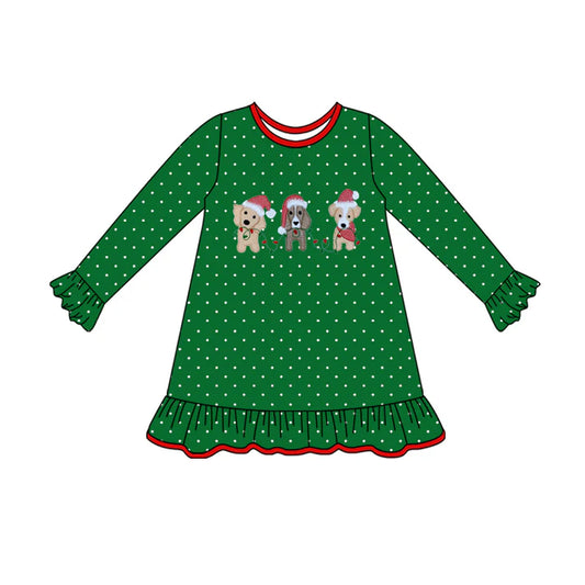 Preorder (moq 5)Baby Girls Light Dogs Polka Dots Ruffle Christmas Knee Length Dresses 8.1
