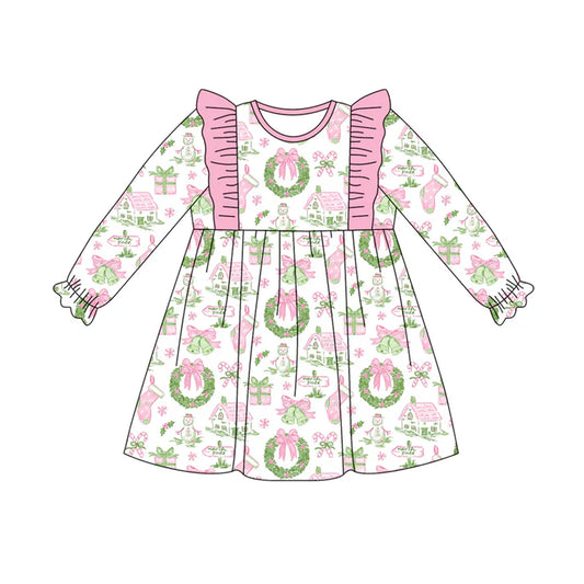 Preorder (moq 5)Baby Girls Long Ruffle Sleeves Holly Snowman Plaid Knee Length Dresses 7.28