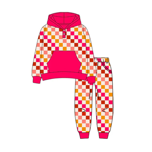 Preorder (moq 5)Baby Boys Long Sleeves Pink Plaid Button Pockets Hoodies Top Legging Pants Set 7.1