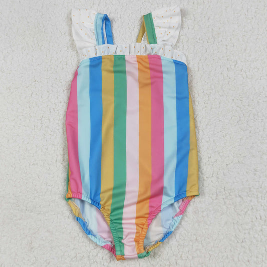 Baby Girls Swimsuits Flutter Sleeves Colorful Stripe One Piece Swimsuits S0550 6.25
