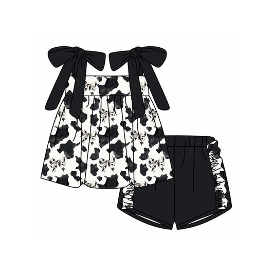 Preorder moq 5 Baby Girls Black Strap Cow Print Bows Tunic Ruffle Short Set 4.19