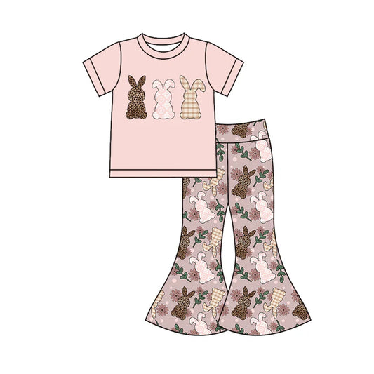 Preorder (moq 5)Baby Girls Leopard Rabbits Top Bell Bottom Pants Easter Clothes Sets 12.12