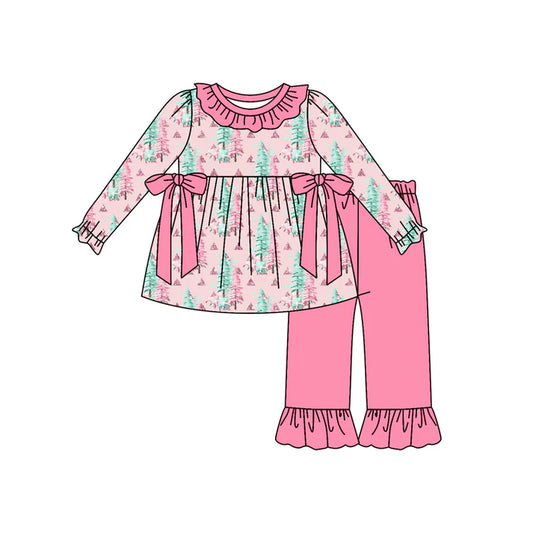 Preorder (moq 5)Baby Girls Pink Long Sleeves Trees Bows Tunic Ruffle Pant Sets 6.11