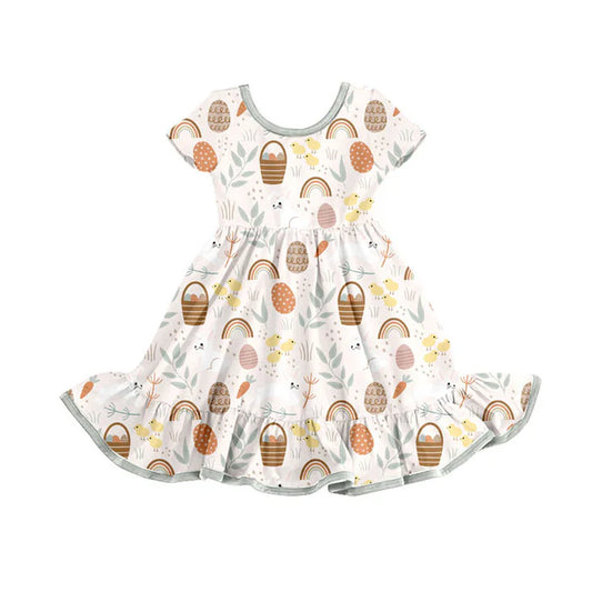 Preorder(moq 8)Baby Girls Chicks Eggs Rainbows Easter Ruffle Knee Length Dresses 9.30