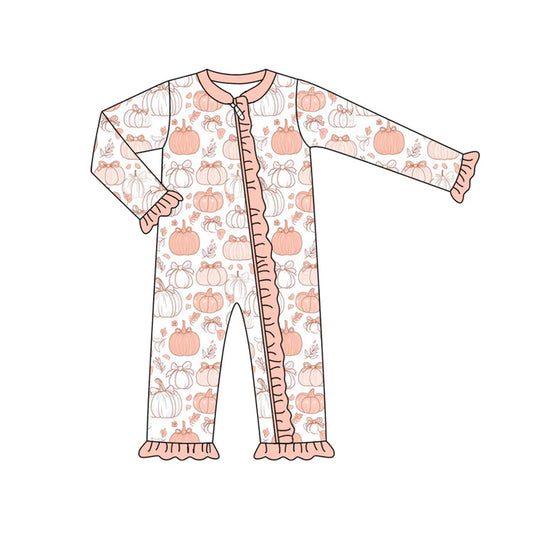 Preorder (moq 5)Baby Girls Pink Long Sleeves Flower Pumpkins Ruffle Zipper Romper 7.4