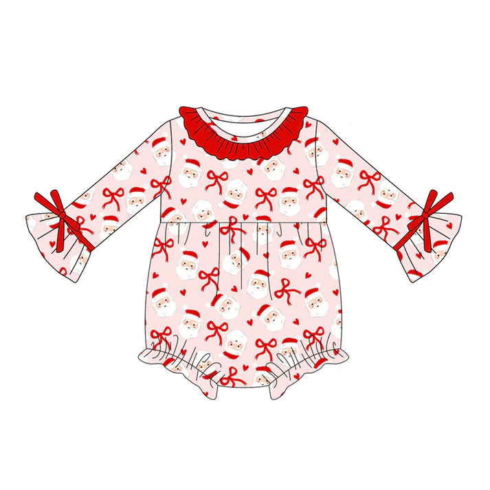 Preorder (moq 5)Baby Girls Pink Long Sleeves Bows Santa Ruffle Rompers 5.17