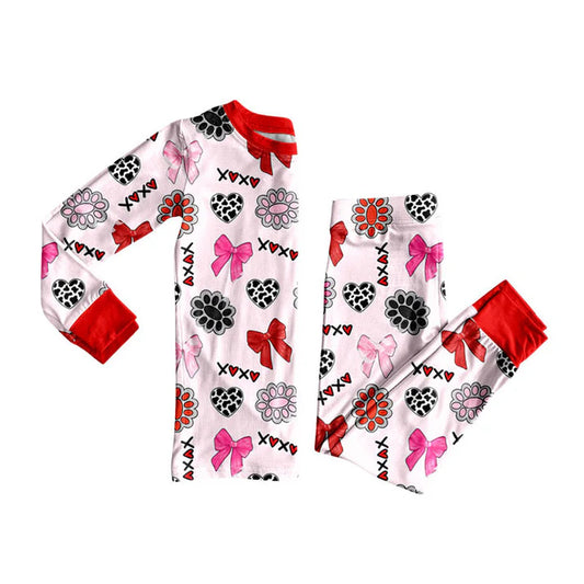 Preorder (moq 5)Baby Girls Bows Turquoises XOXO Hearts Top Pants Valentine Pajamas Sets 9.3