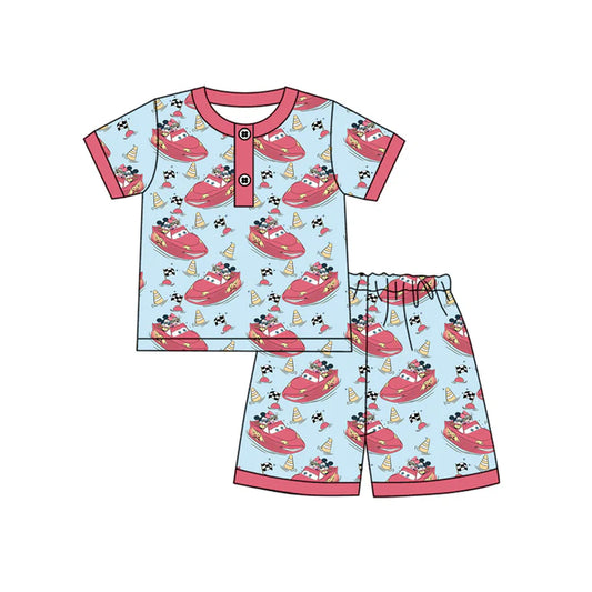 Preorder moq 5 Baby Boys Short Sleeves Cartoon Cars Flags Button Top Short Pajamas Set 4.14