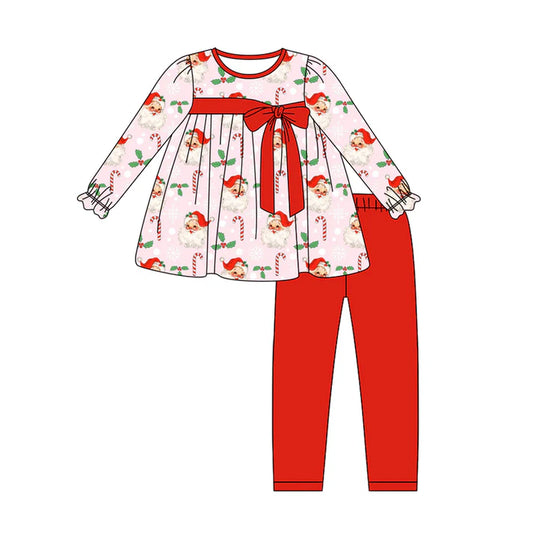 Preorder (moq 5)Baby Girls Long Ruffle Sleeves Red Santa Candy Cane Tunic Legging Pant Sets 5.28
