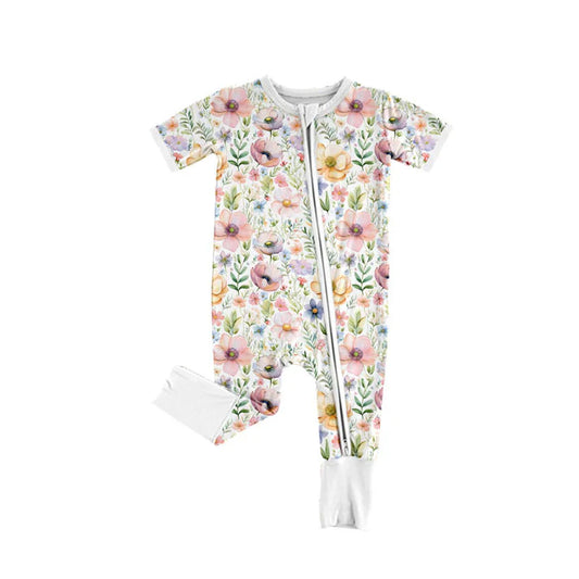 Preorder (moq 5)Baby Girls Short Sleeve Colorful Flowers Two Way Zipper Convertible Rompers 11.12