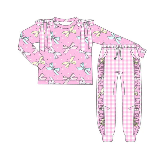 Preorder (moq 5)Baby Girls Pink Hearts Bows Top Pockets Pants Valentine Clothes Sets 9.6