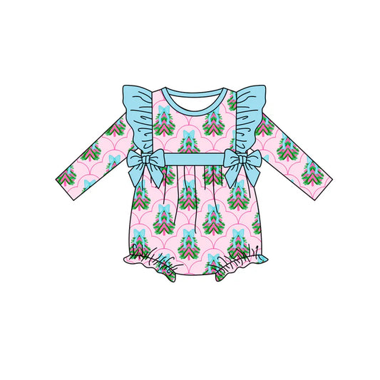 Preorder (moq 5)Baby Girls Pink Long Sleeves Bows Trees Bows Plaid Ruffle Romper 7.4