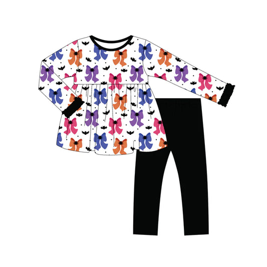 Preorder (moq 5)Baby Girls Long Sleeves Colorful Bows Bats Tunic Black Legging Pant Sets 6.11