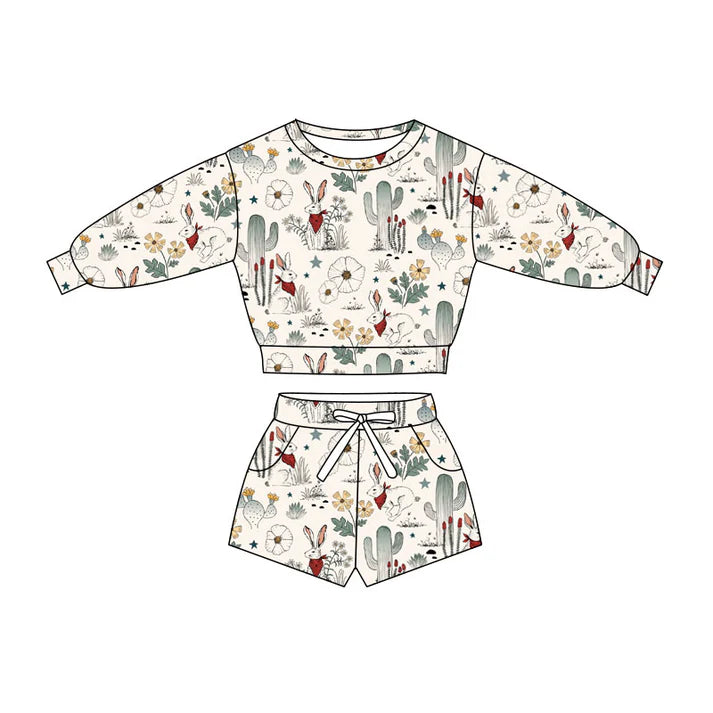 Preorder(moq 5) Baby Girls Flowers Rabbits Long Sleeve Pockets Shorts Easter Clothes Sets 10.27