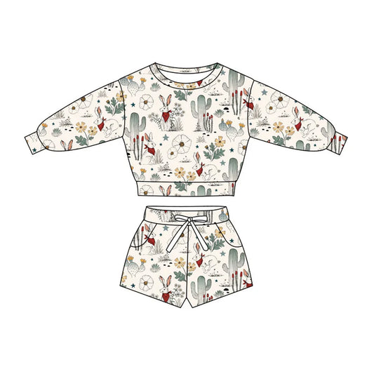 Preorder(moq 5) Baby Girls Flowers Rabbits Long Sleeve Pockets Shorts Easter Clothes Sets 10.27