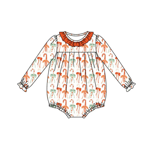 Preorder (moq 5)Baby Girls Long Ruffle Sleeves Orange Bows Candy Cane Stripe Bummies Rompers 6.13