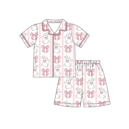 Preorder (moq 5)Baby Girls Pink Bows Rabbits Stripe Button Top Shorts Easter Pajamas Sets 12.12