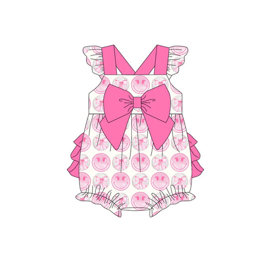 Preorder (moq 5)Baby Girls Pink Flutter Sleeves Smiles Bows Ruffle Bubble Rompers 4.25