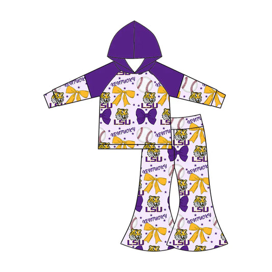 Preorder (moq 5)Baby Girls Long Sleeves Baseballs Bows LSU Tiger Hoodie Top Bell Bottom Pant Team Set 6.16