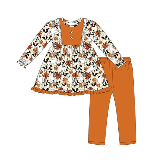 Preorder (moq 5)Baby Girls Long Ruffle Sleeves Bats Ghosts Button Tunic Legging Pant Set 6.18