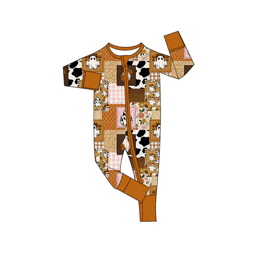 Preorder (moq 5)Baby Boys Halloween Western Ghost Orange Zip Long Sleeves Rompers 6.9