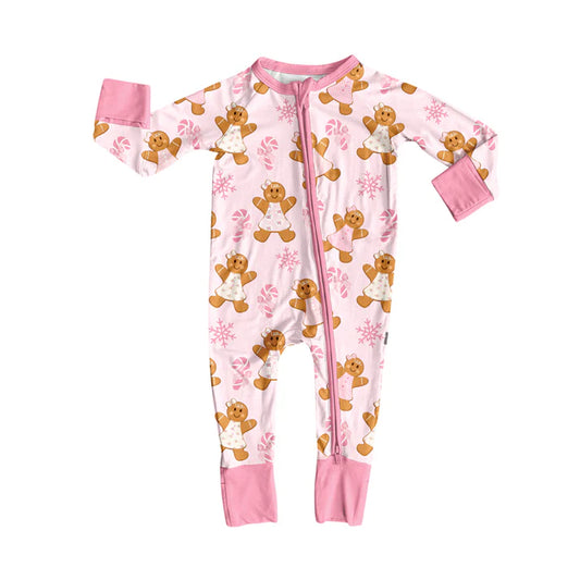 Preorder (moq 5)Baby Girls Long Sleeves Pink Bows Candy Cane Gingerbread Zipper Romper 7.3