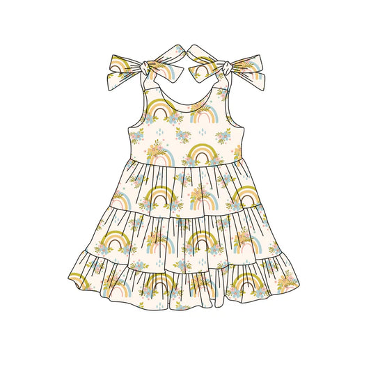 Preorder (moq 5)Baby Girls Strap Yellow Rainbows Floral Knee Length Dresses 4.24