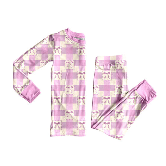 Preorder(moq 5) Baby Girls Pink Checkered Bows Top Pants Lounge Wear Pajamas Sets 8.11