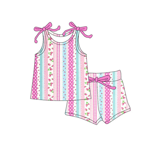 Preorder moq 5 Baby Girls Bows Sleeveless Pink Stripe Strawberry Top Short Set 4.16