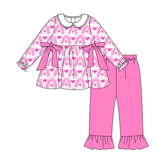 Preorder (moq 8)Baby Girls Pink Rainbows Hearts Bows Tunic Ruffle Pants Valentine Clothes Set 9.15