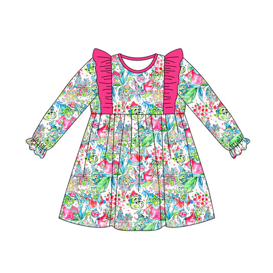 Preorder (moq 5)Baby Girls Green Face Floral Christmas Knee Length Dress 8.1