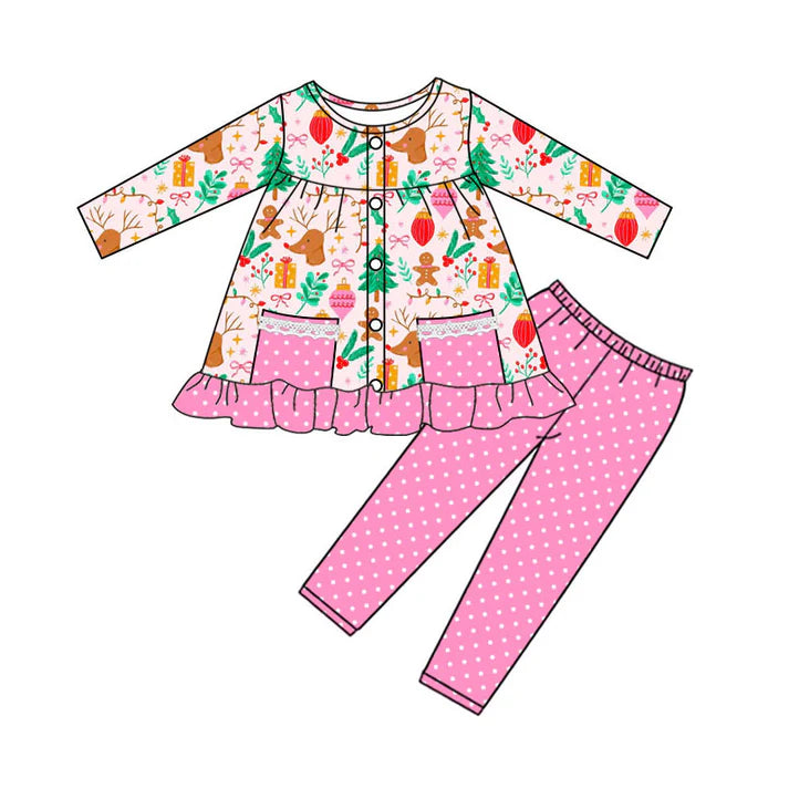 Preorder (moq 8)Baby Girls Gifts Deer Button Pockets Tunic Leggings Christmas Clothes Sets 9.22