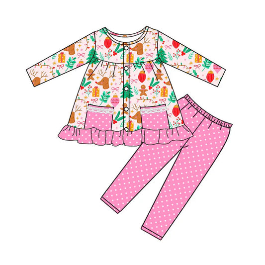 Preorder (moq 8)Baby Girls Gifts Deer Button Pockets Tunic Leggings Christmas Clothes Sets 9.22