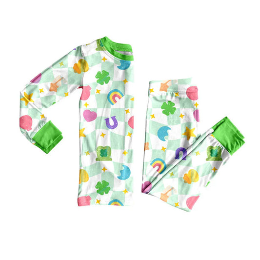 Preorder (moq 5)Baby Girls Green Checked Clovers Stars Top Pants St Patrick Pajamas Sets 9.4