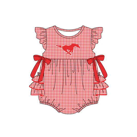 Preorder moq 5 Baby Girls Red Plaid Flutter Sleeves Bows Horses Team Rompers 7.10